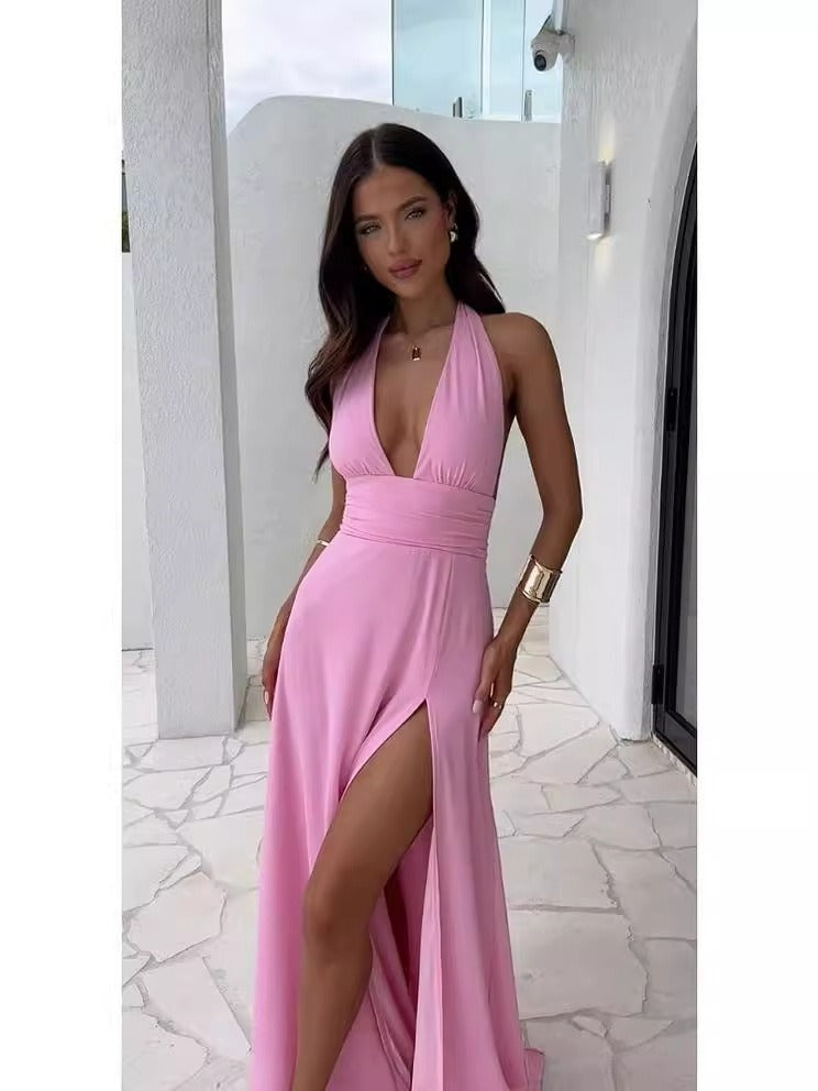 Hanging Neck Split Lace Solid Color Dress