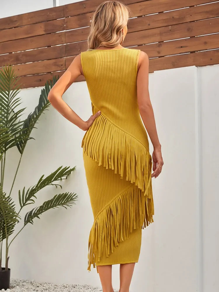 yellow tassel dress hip wrap dress bandage dress
