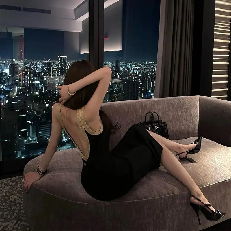 Women Sexy Backless Bodycon Sweater Dress Spring Vintage Gold Sequined Sleeveless Suspender Long Knitted Dress