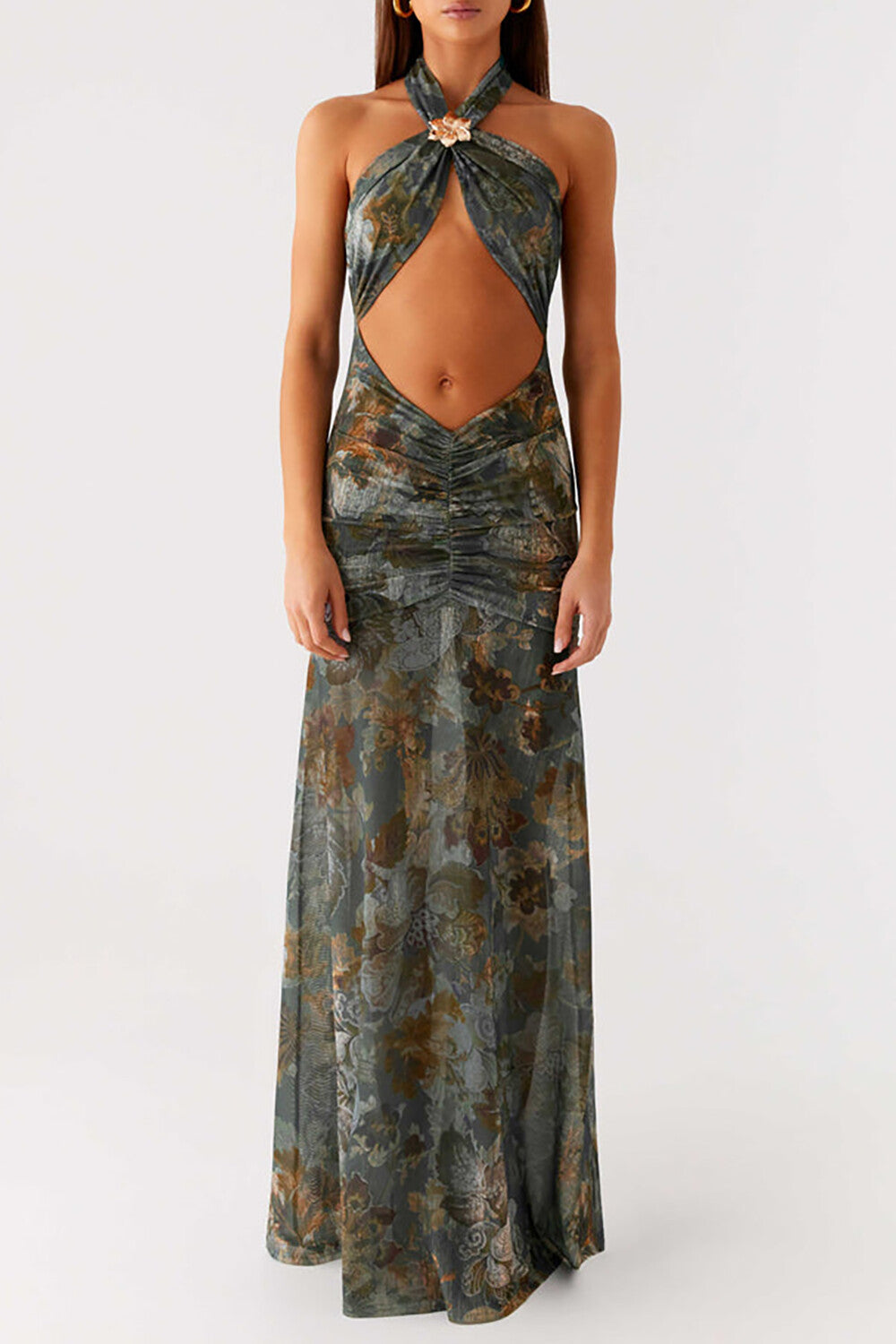 Bare Midriff Floral Pattern Slim Fit Halter Maxi Dresses - SteelBlue Pre Order