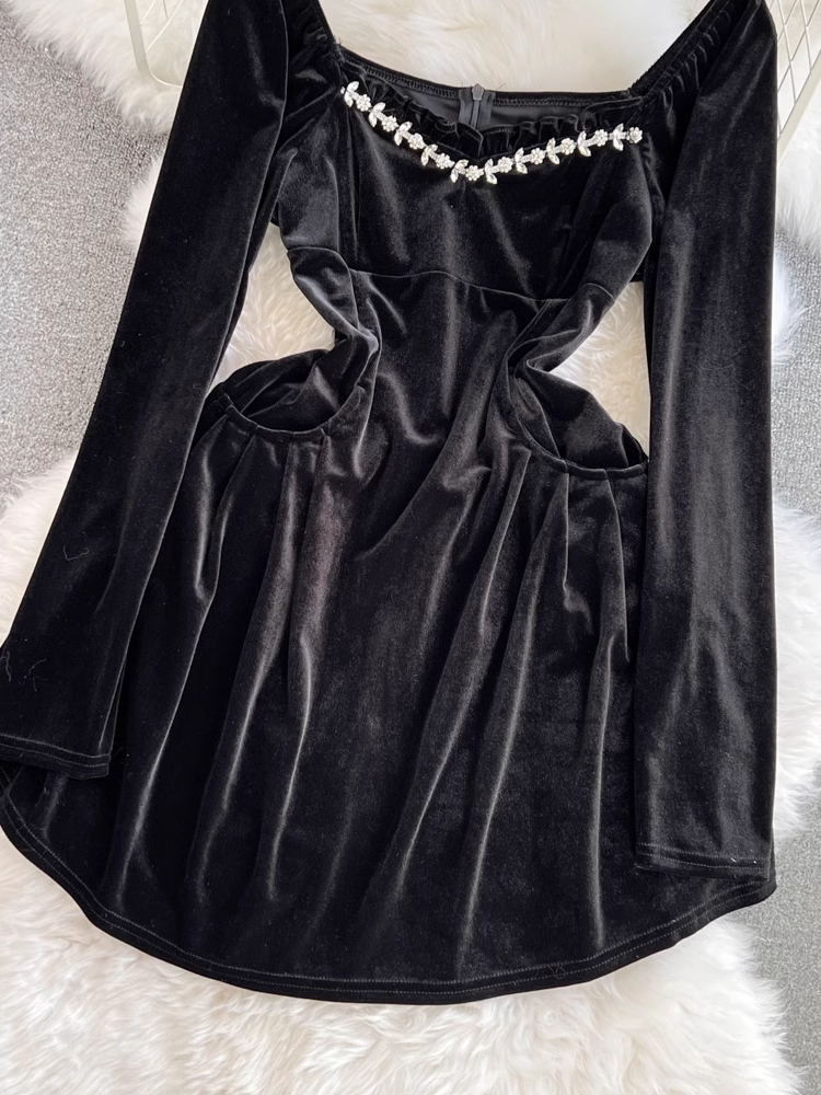 Black velvet square neck A-line dress