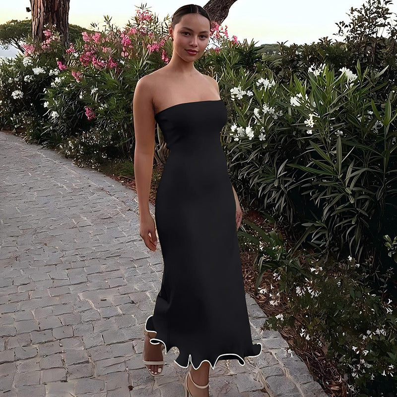 Solid color sexy strapless long, slim fit, big wave skirt hem dress