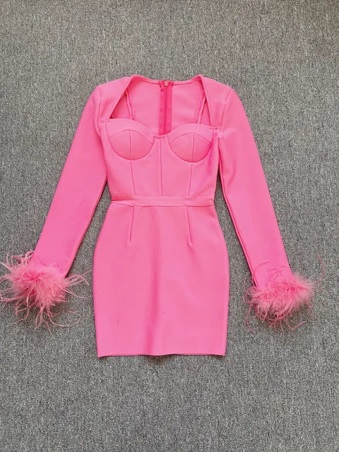 Black White Red Pink Blue Dusty Pink Bandage Feathers Dress