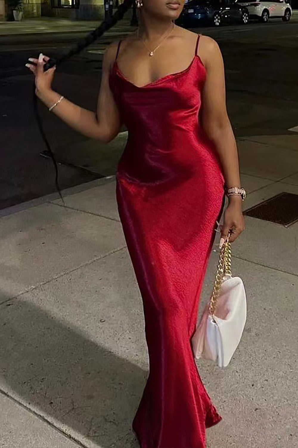Cowl Neckline Metallic Finish Slim Fit Backless Strappy Maxi Dresses - Gold