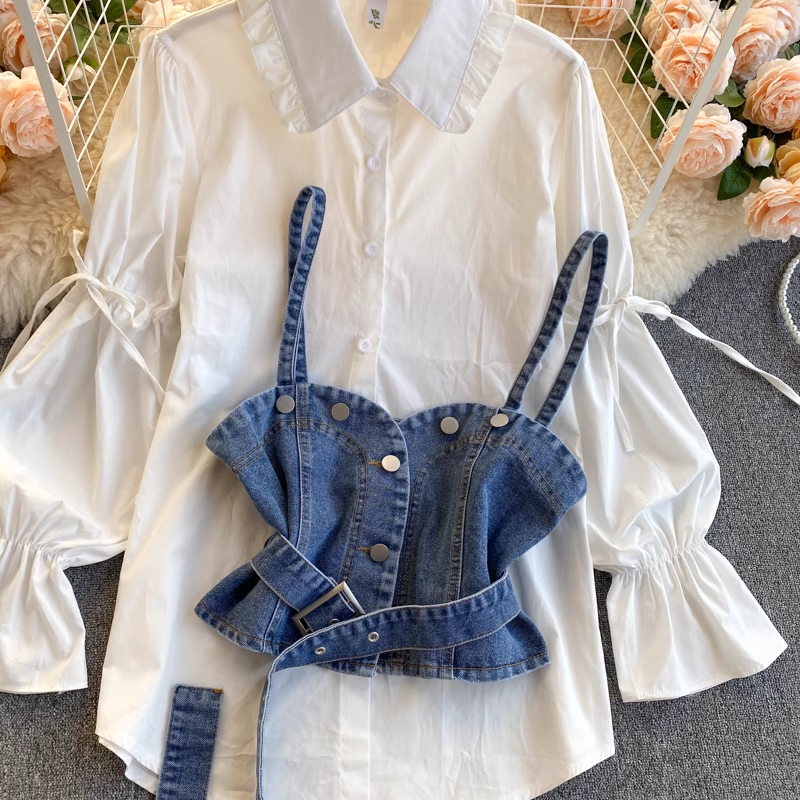 Retro Blouses Women's puff sleeve loose all-match denim camisole stacked two-piece suit
