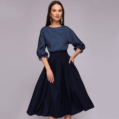 Autumn Vintage Lantern Sleeve Printing Dress Women's Elegant Casual O-Neck Half Sleeves A-Line Dress Mid-Calf Party Dresses