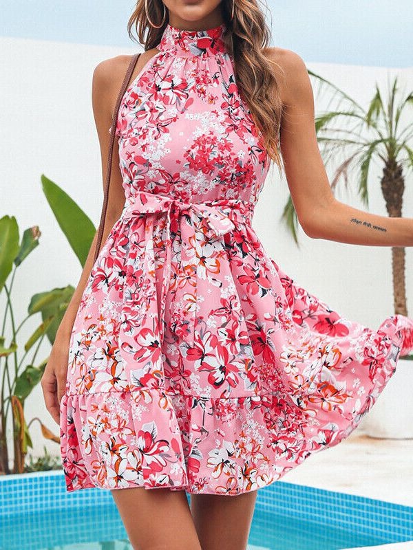 temperament lace up ruffle edge large hem floral dress