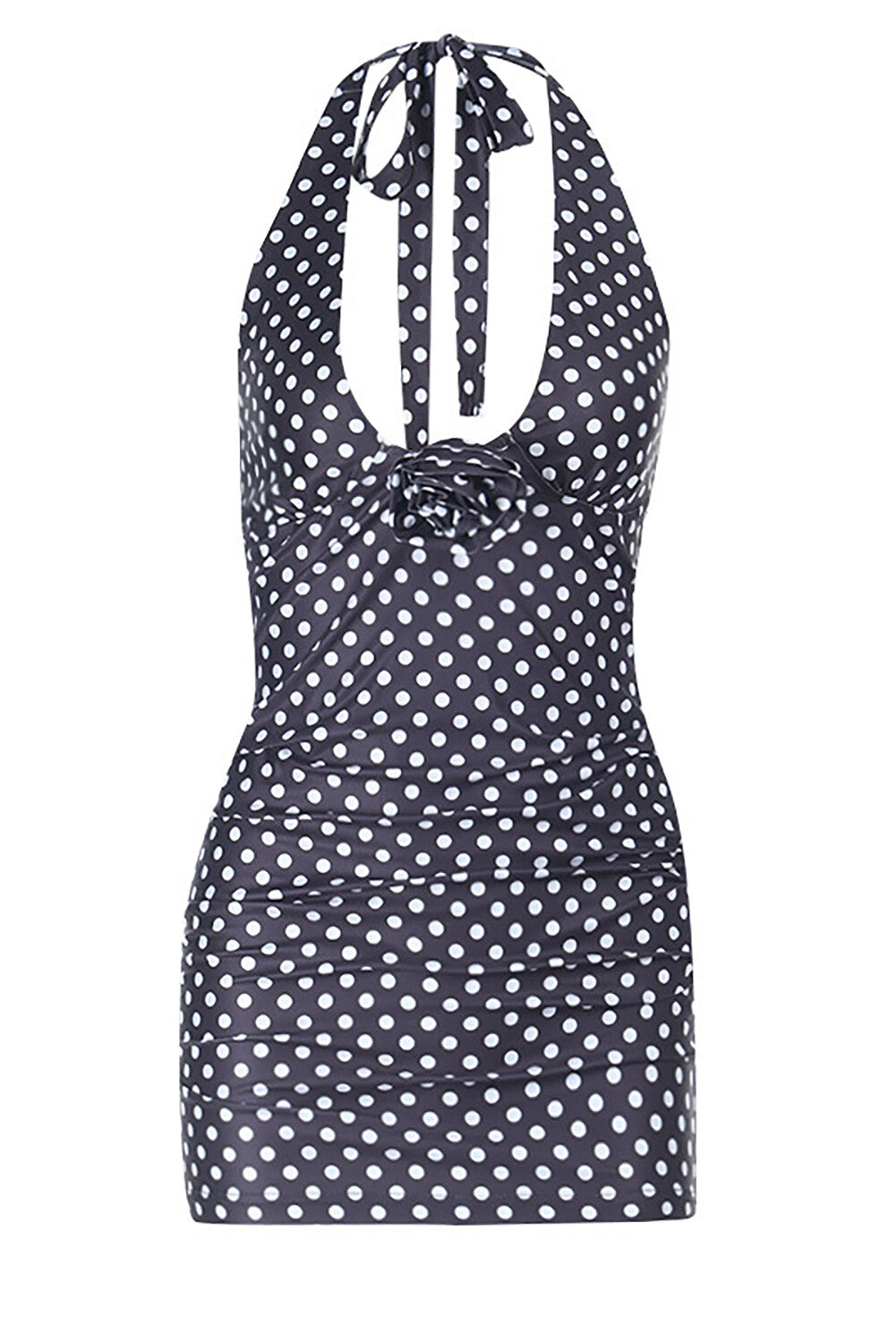 Polka Dot Print Plunge Neck Bodycon Halter Mini Dresses - Black