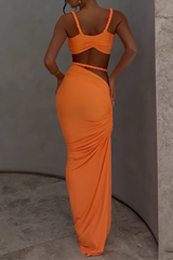 Braided Crop Cami Cutout Ruched Bodycon Maxi Skirt 2pcs Set - Orange