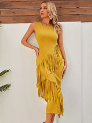 yellow tassel dress hip wrap dress bandage dress