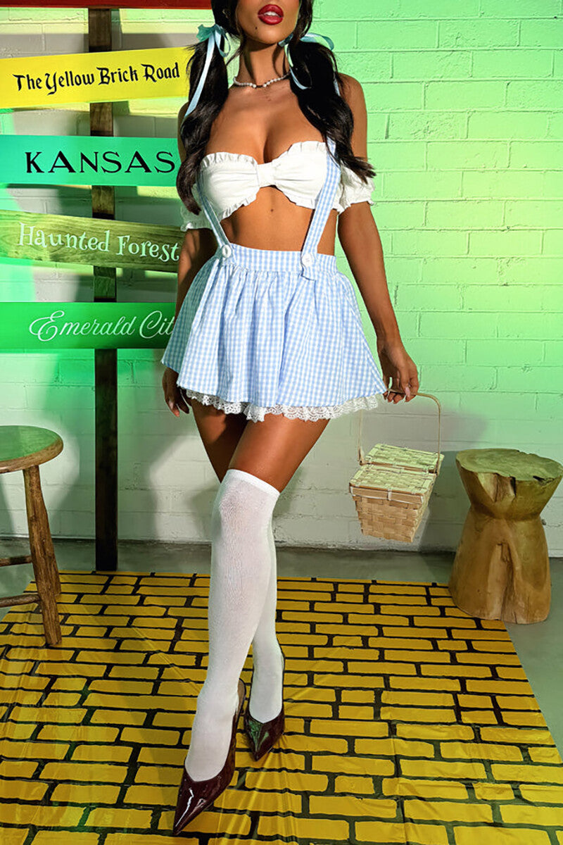 Frilled Crop Top Plaid Print Suspender Mini Skirt 2pcs Set - Blue