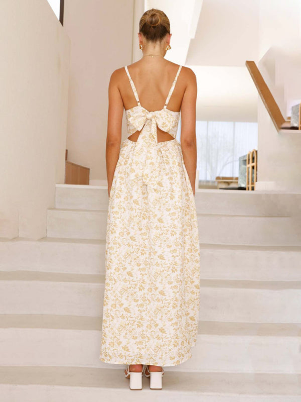 V-neck waist holiday long dress sexy backless bow tie dress