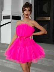 Mesh Solid Pink Ruched Halloween Dress Women Sashes Strapless Club Loose Dresses Backless High Waist Sexy Party Vestido