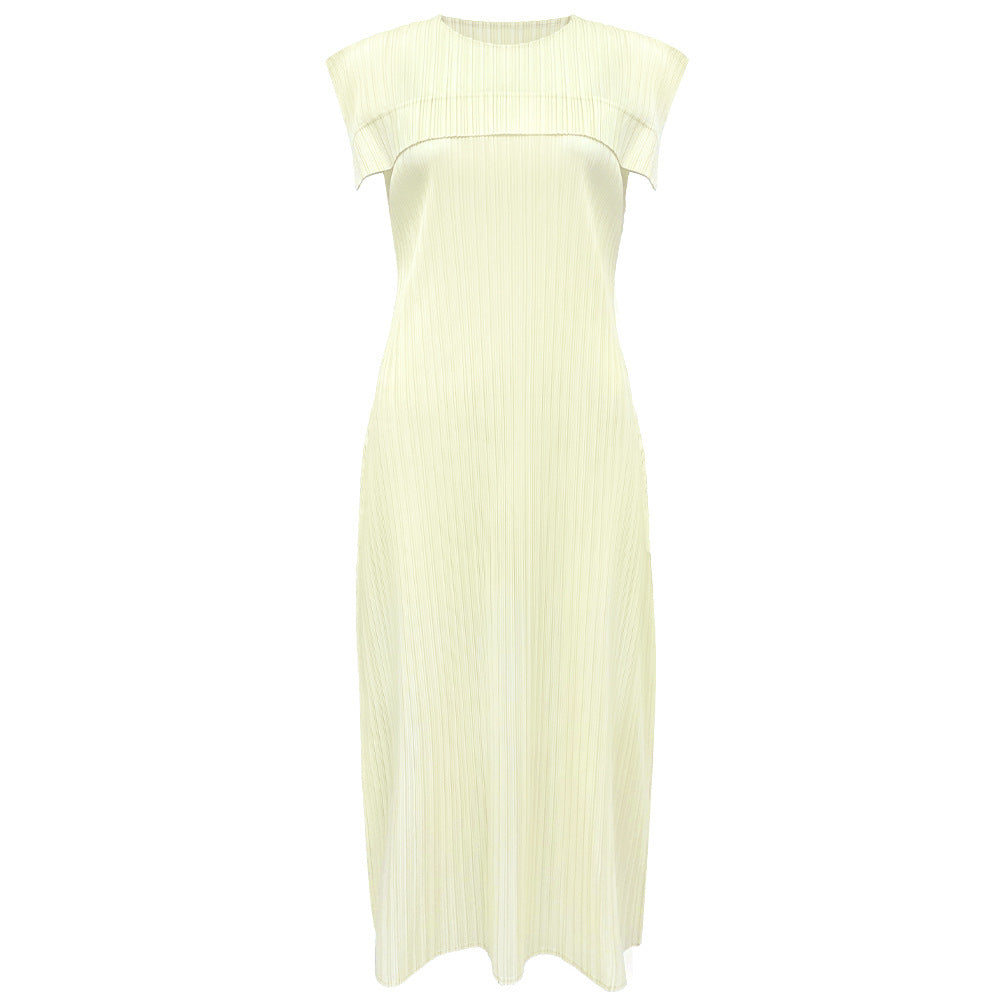 Ladies simple loose sleeveless pleated waistcoat round neck mid-length dress
