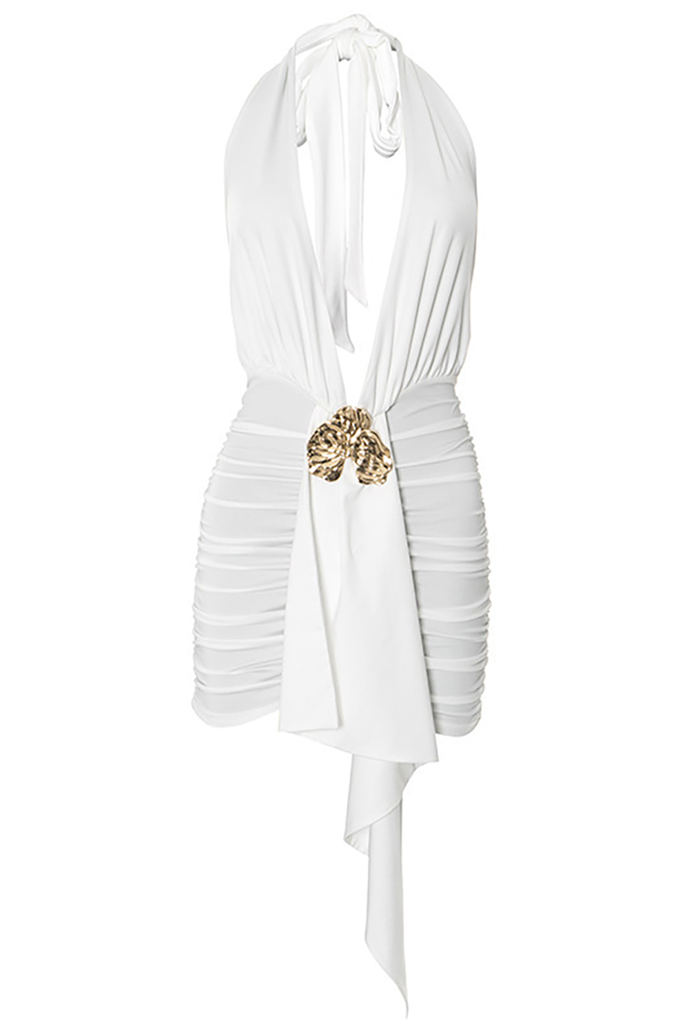Halter Deep V Neck Ruched Bodycon Metal Flower Decor Sash Mini Dresses - White
