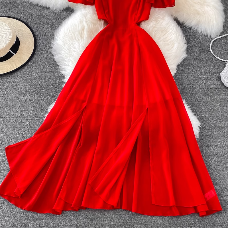 Red Chiffon Seaside Vacation Dress