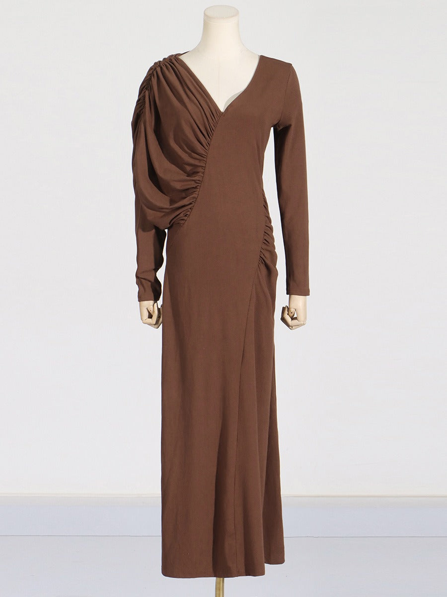 Asymmetric slim fit slimming long dress with V-neck design pleated solid color dress