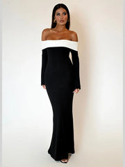 Shoulder Contrast Color Knitted Maxi Dress Women Long Sleeve Bodycon Dresses Female Chic Party Evening Robe