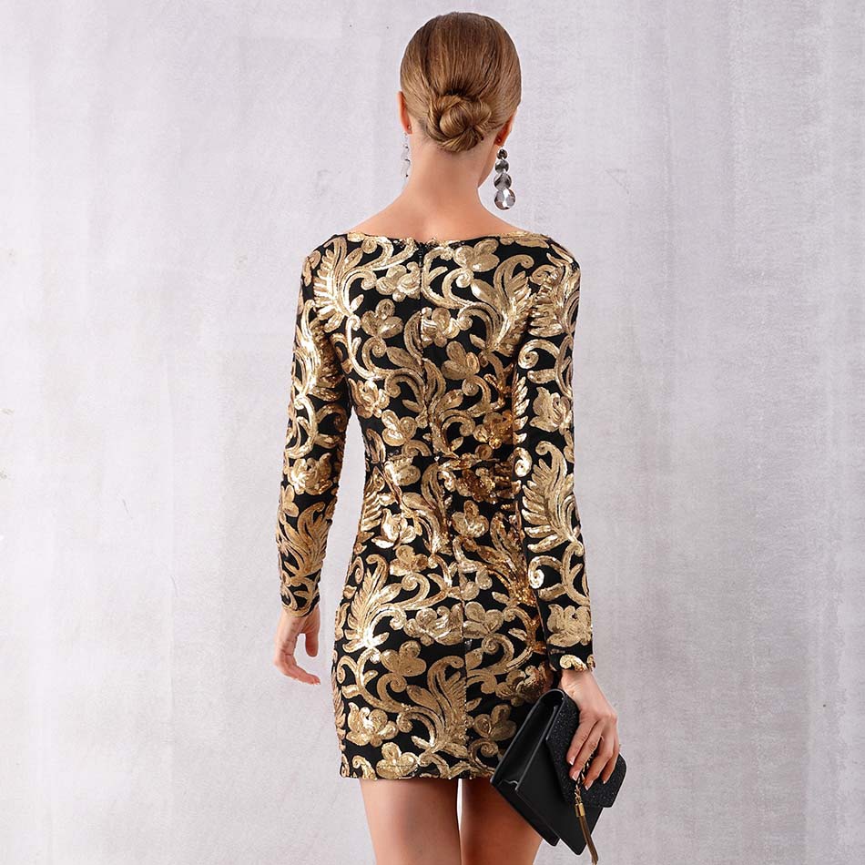 Long Sleeve Sequin Deep V Gold Mini Club Dress