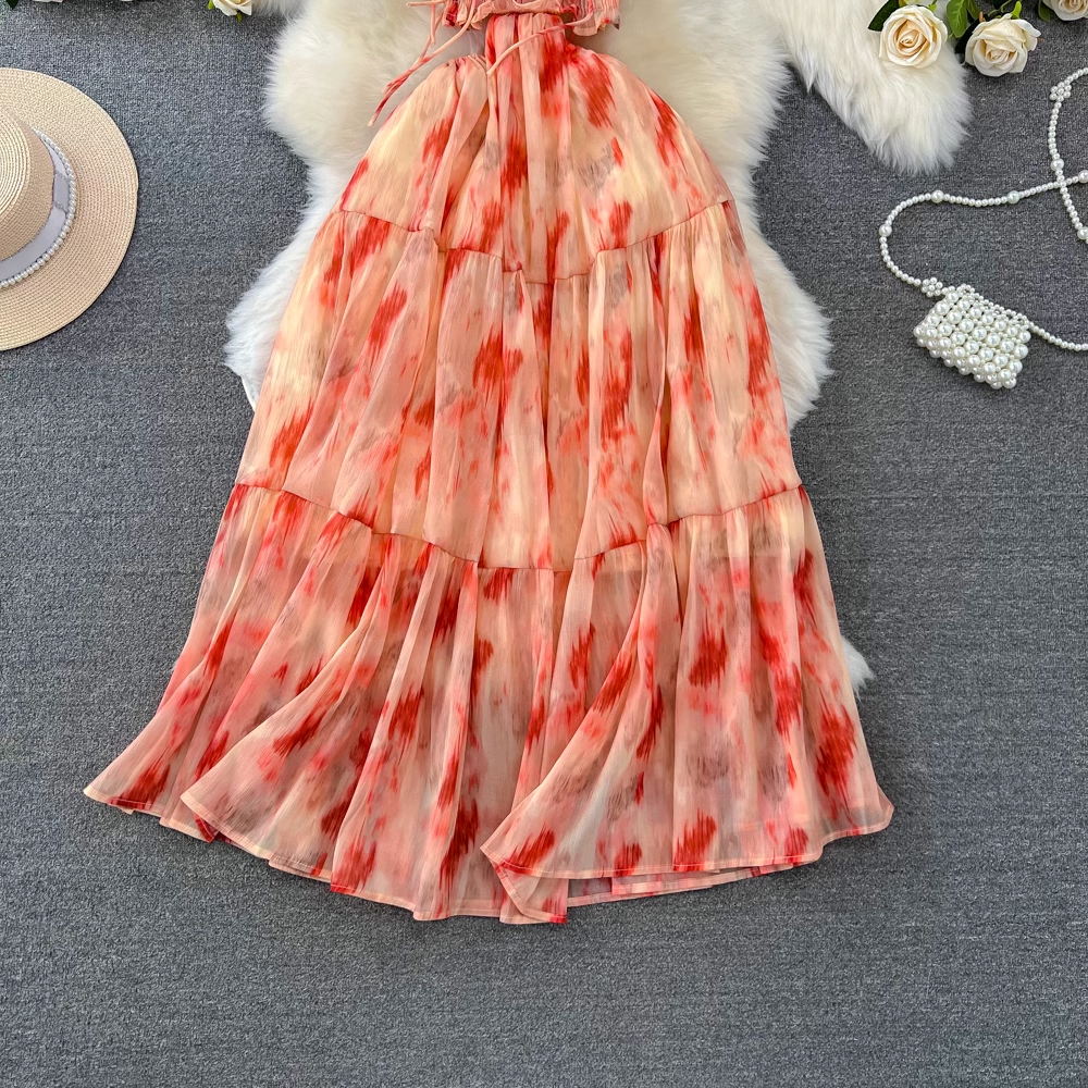 A-line printed suspender dress seaside vacation long