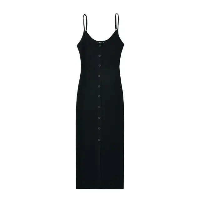 Single Breasted Rib Knitted Dress Women Spaghetti Strap Midi Split Dresses