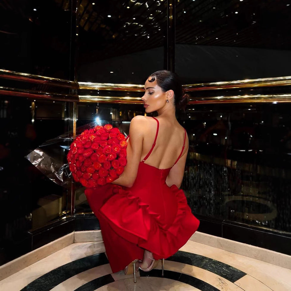 Red V-neck ruffle hem backless waist cinched evening dress socialite long dress