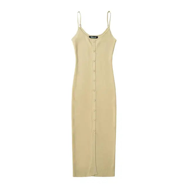 Single Breasted Rib Knitted Dress Women Spaghetti Strap Midi Split Dresses