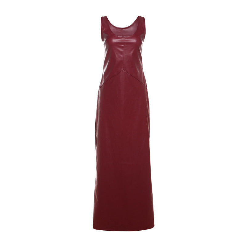 PU Leather Party Dress Women Night Sleeveless Split Long Dresses Fall Winter Clothes