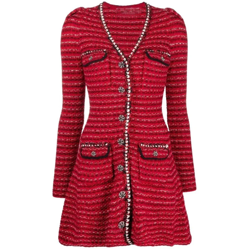 Arrive Red Color Knitted Women Mini Dress V Neck Long Sleeve Slim Lady Short Dress
