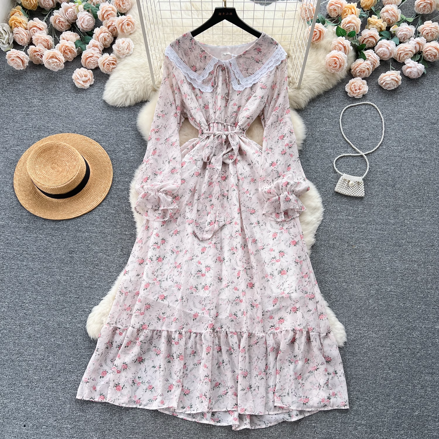 Vestido floral con cuello de muñeca para mujer