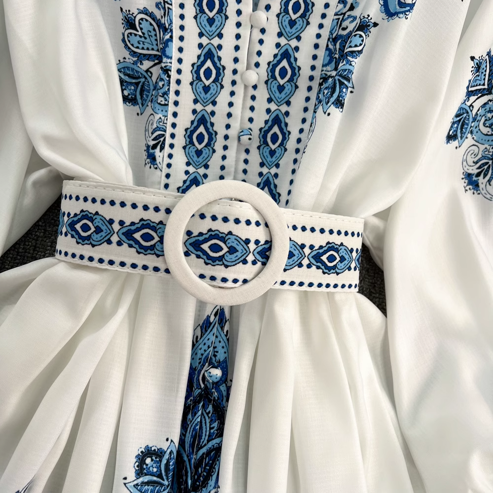 Printed Balloon Sleeve V-neck Dress