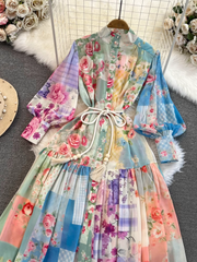 Langärmliges Kleid mit Stehkragen und A-Linien-Print im Retro-Stil im Laternen-Stil