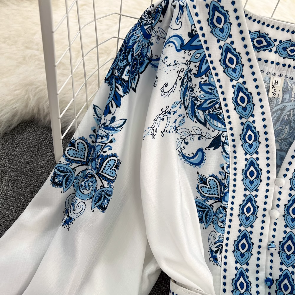 Printed Balloon Sleeve V-neck Dress