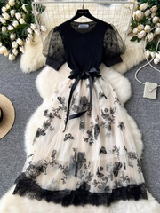 Retro Elegantes Kleid Damen Gestrickt Spleißen Stickerei Schmetterling Mesh Flauschig Fee Langes Kleid