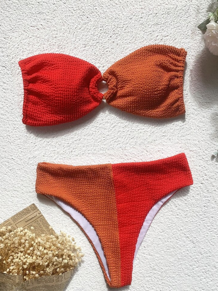 Traje de baño bikini de talle alto con diseño de patchwork