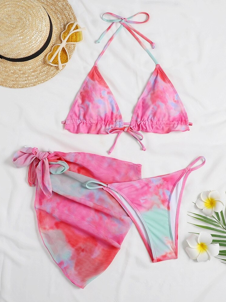 Three Pieces Tie-Dye Print Bikini Set With Sarong