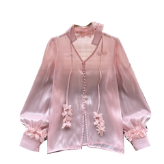 Women's mesh shirt autumn ribbon long sleeve blouses