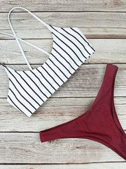 New Striped Print Bandage Lace Up Bikini