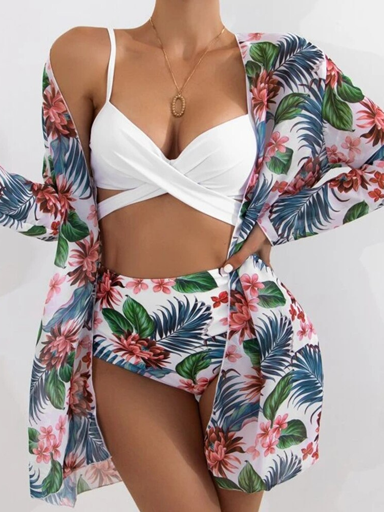 Weißes Bralette mit Hawaii-Print und Bolero-Bikini