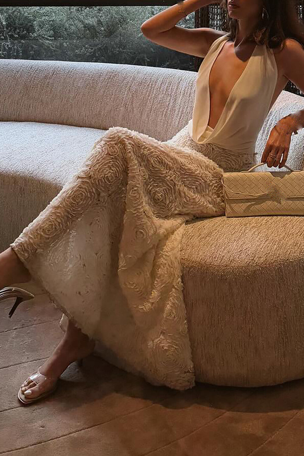 Floral Textured Hem Halter Cowl Neckline Maxi Dresses - Beige Pre Order