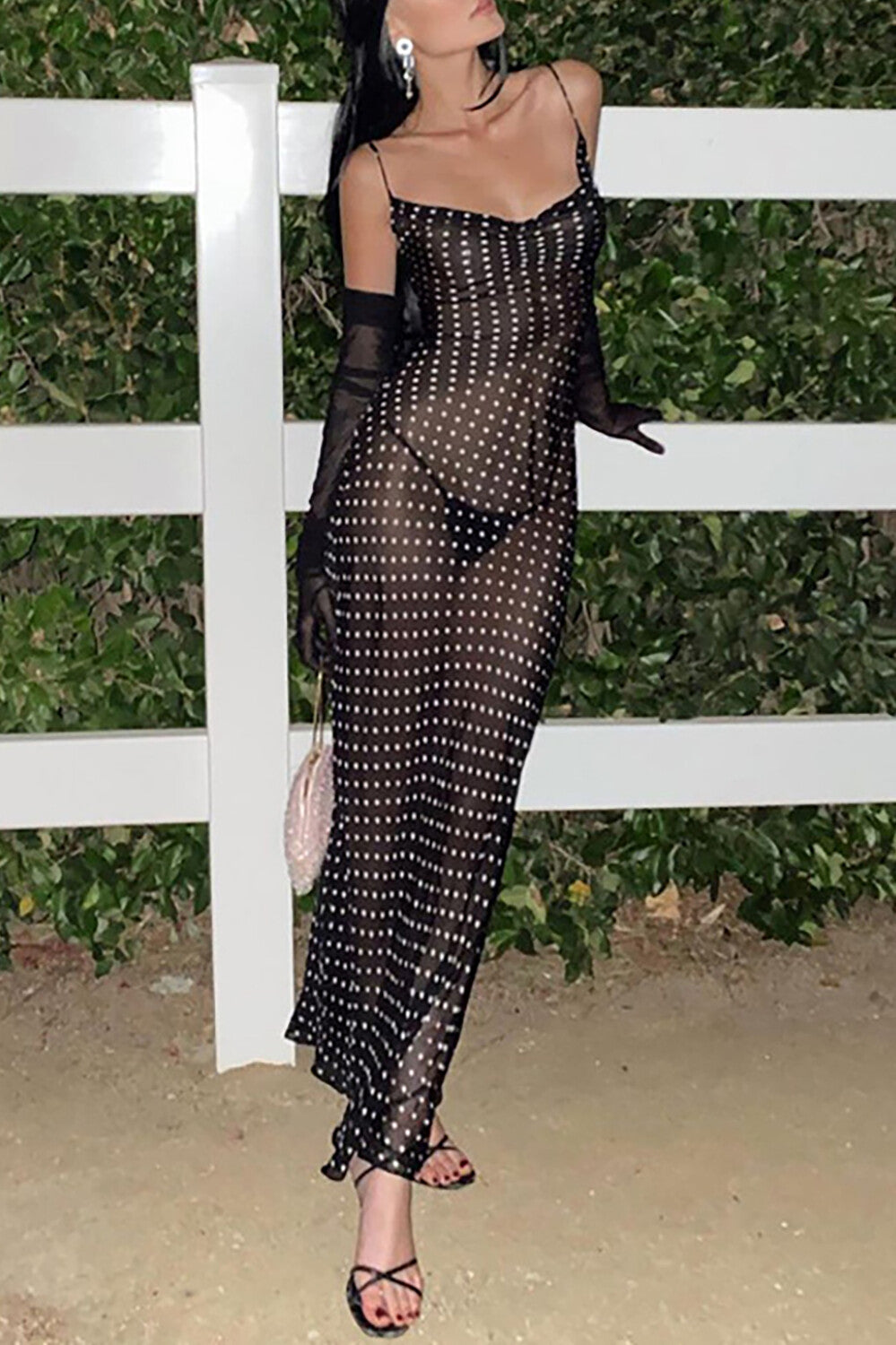 Polka Dot Print See Through Spaghetti Strap Maxi Dresses - Black