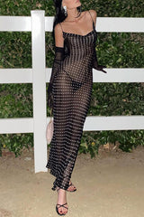 Polka Dot Print See Through Spaghetti Strap Maxi Dresses - Black