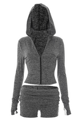 Zipper Long Sleeve Hoodie Solid Color Ruched Slim Fit Shorts 2pcs Set - Gray