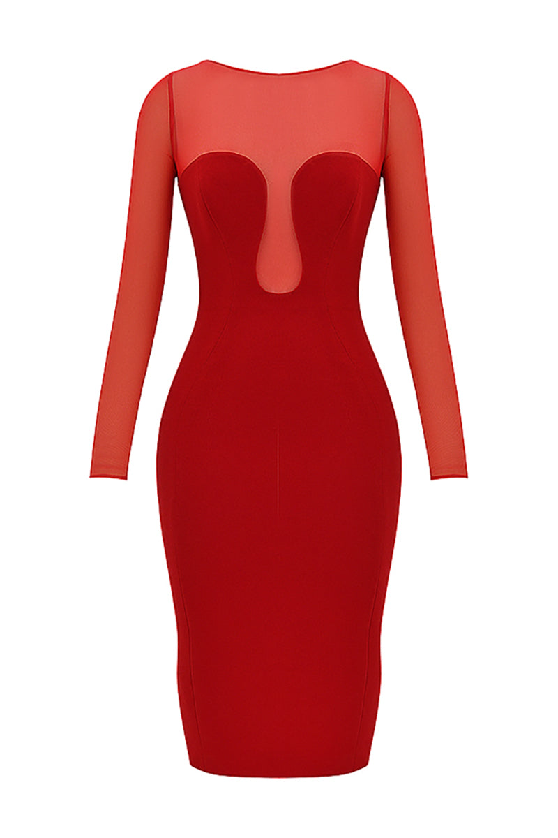 Mesh Patchwork Long Sleeve Irregular Corset Bodycon Midi Dresses - Red