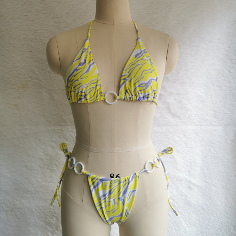 Floral Hollow Out Cross String Bikini Swimsuit Set