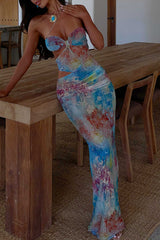 Floral Print Strapless Cutout Bodycon Maxi Dresses - Blue