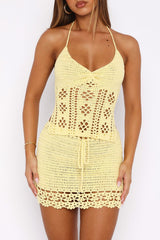Hollow Out Knit Halterneck Top Tie Up Mini Skirt 2pcs Set - Yellow