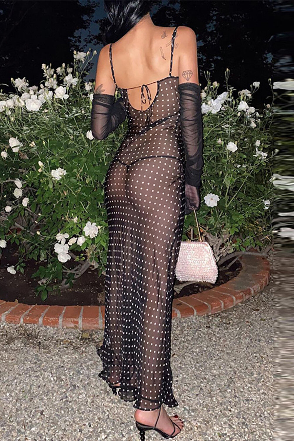 Polka Dot Print See Through Spaghetti Strap Maxi Dresses - Black