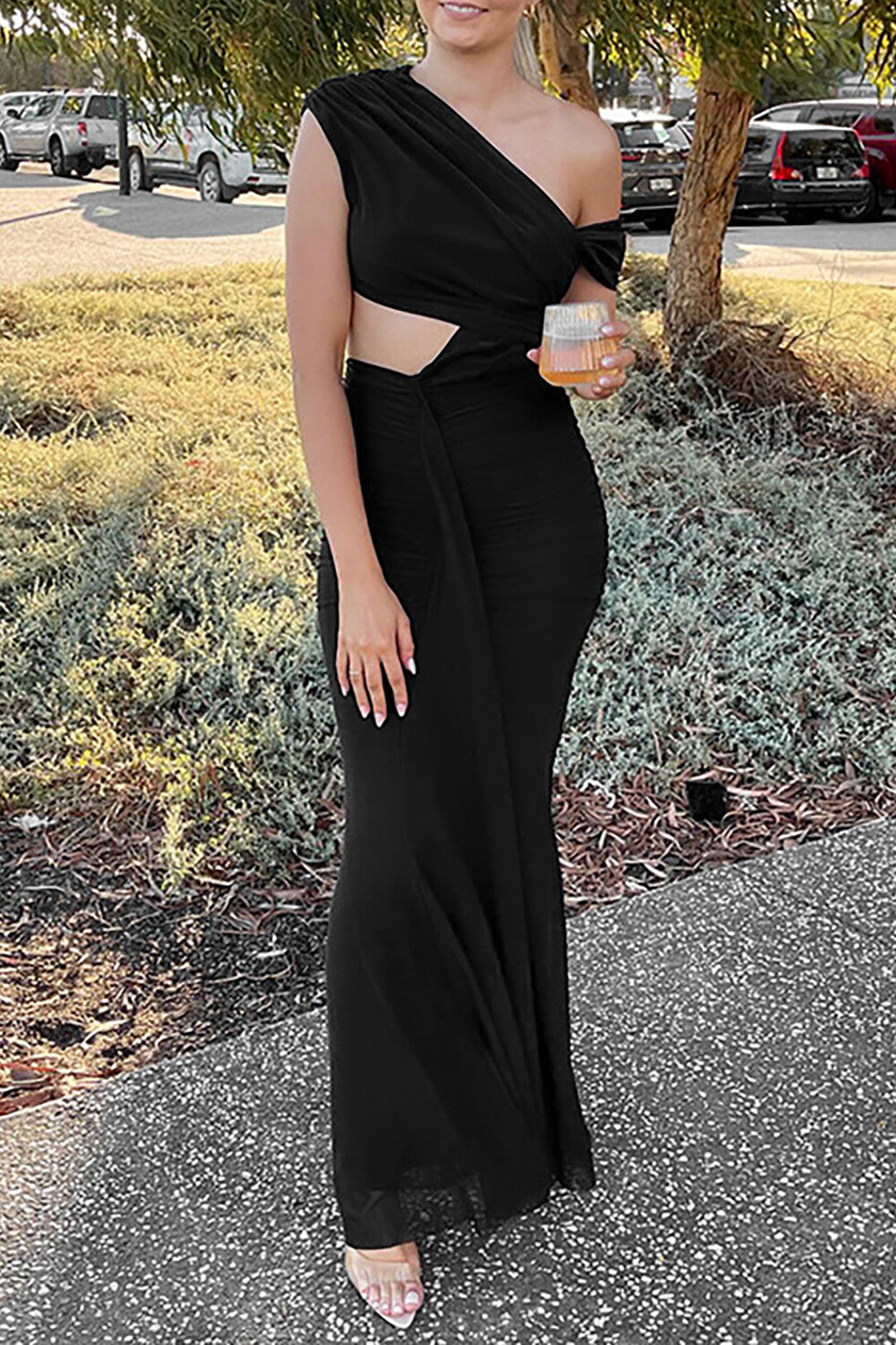 Skew Neck Waist Cutout Ruched Slim Fit Semi Sheer Hem Maxi Dresses - Pink