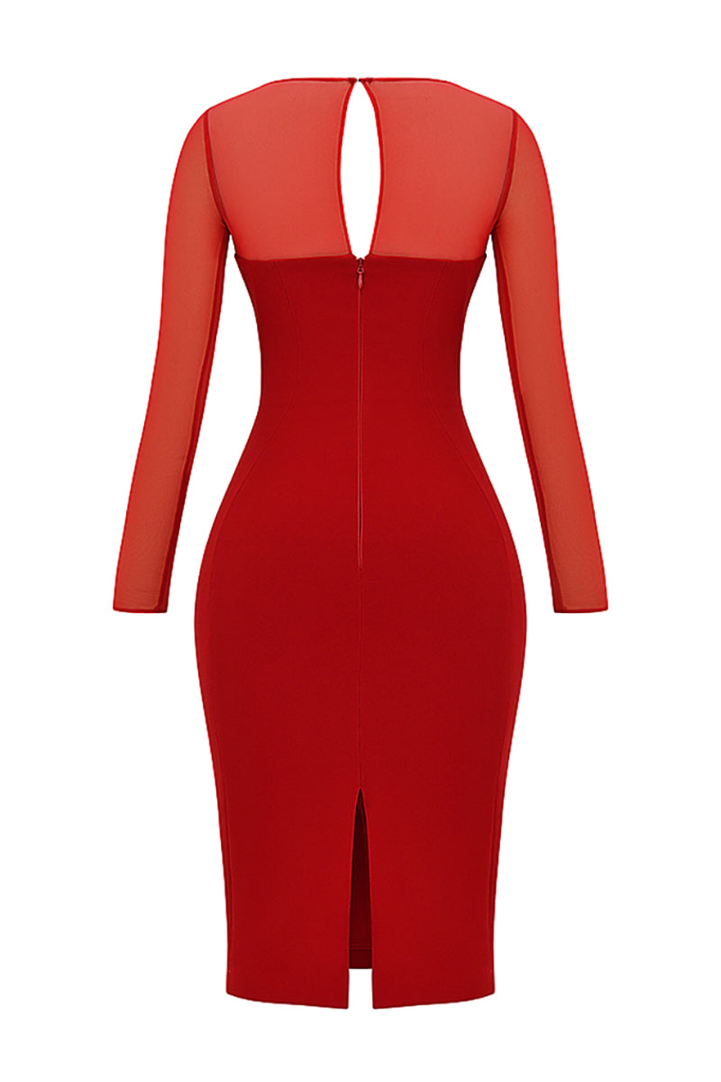 Mesh Patchwork Long Sleeve Irregular Corset Bodycon Midi Dresses - Red